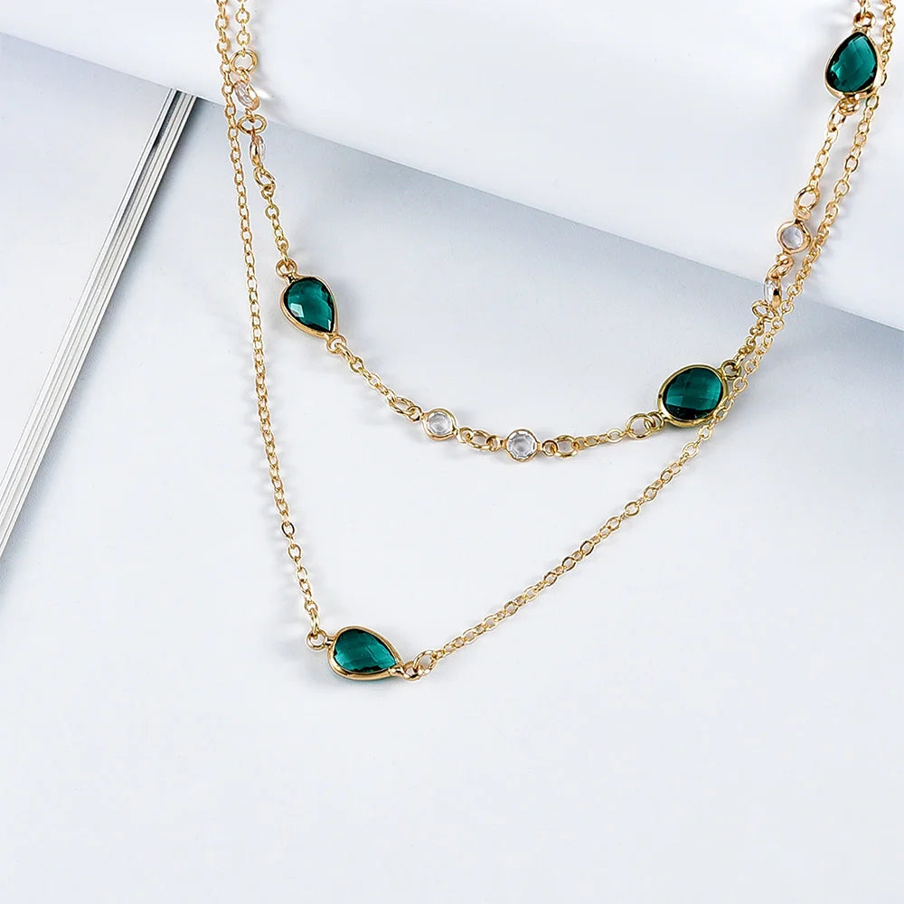 Green Stone Pendant Necklace - Vintage Boho Multi-Layer Gold Jewelry