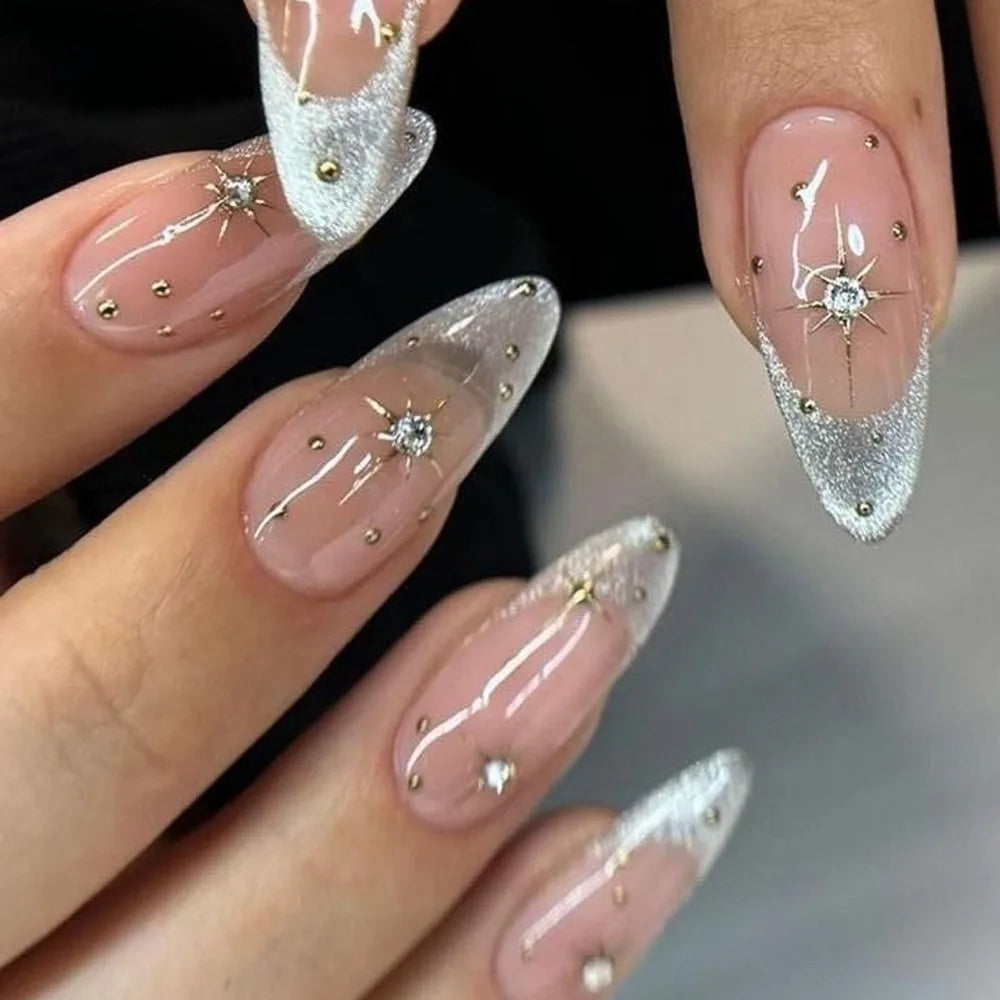 24-Piece Almond Press-On Nails - Butterfly French Pearl Diamond Handmade Set