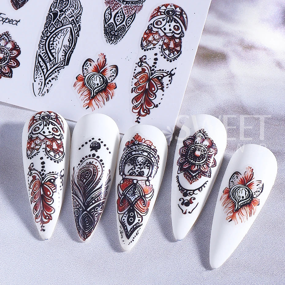 Bohemian Nail Art Stickers - Black & Brown Floral Design (2pcs)
