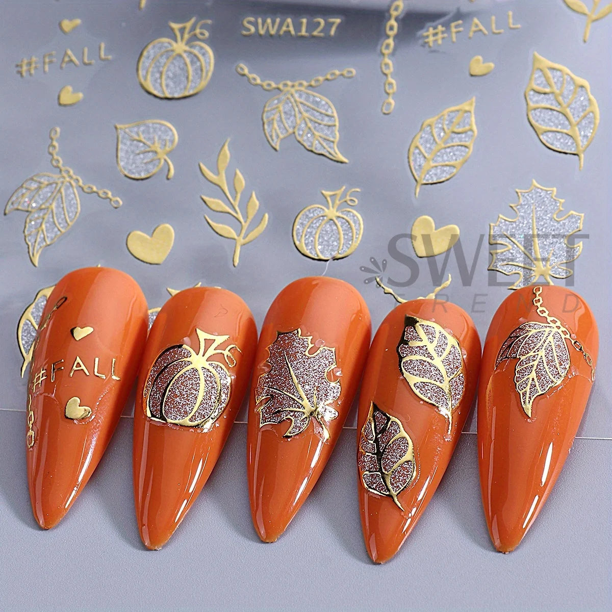 3-Piece Halloween Nail Art Stickers - Metal Pumpkin Spider Web Maple Leaf Decals