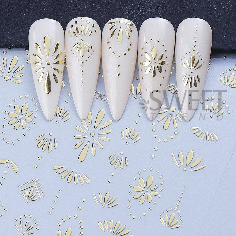 Bohemian Nail Stickers - Gold Silver Blue Flower Petals (3pcs)