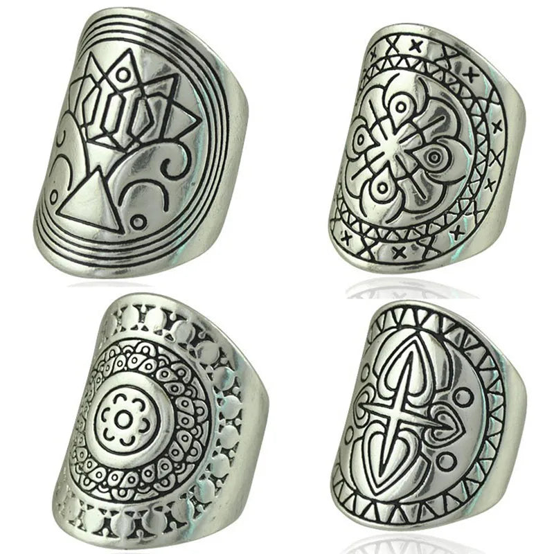 Vintage Boho Ring Set - 4-Piece Tibetan Silver Carved Bands