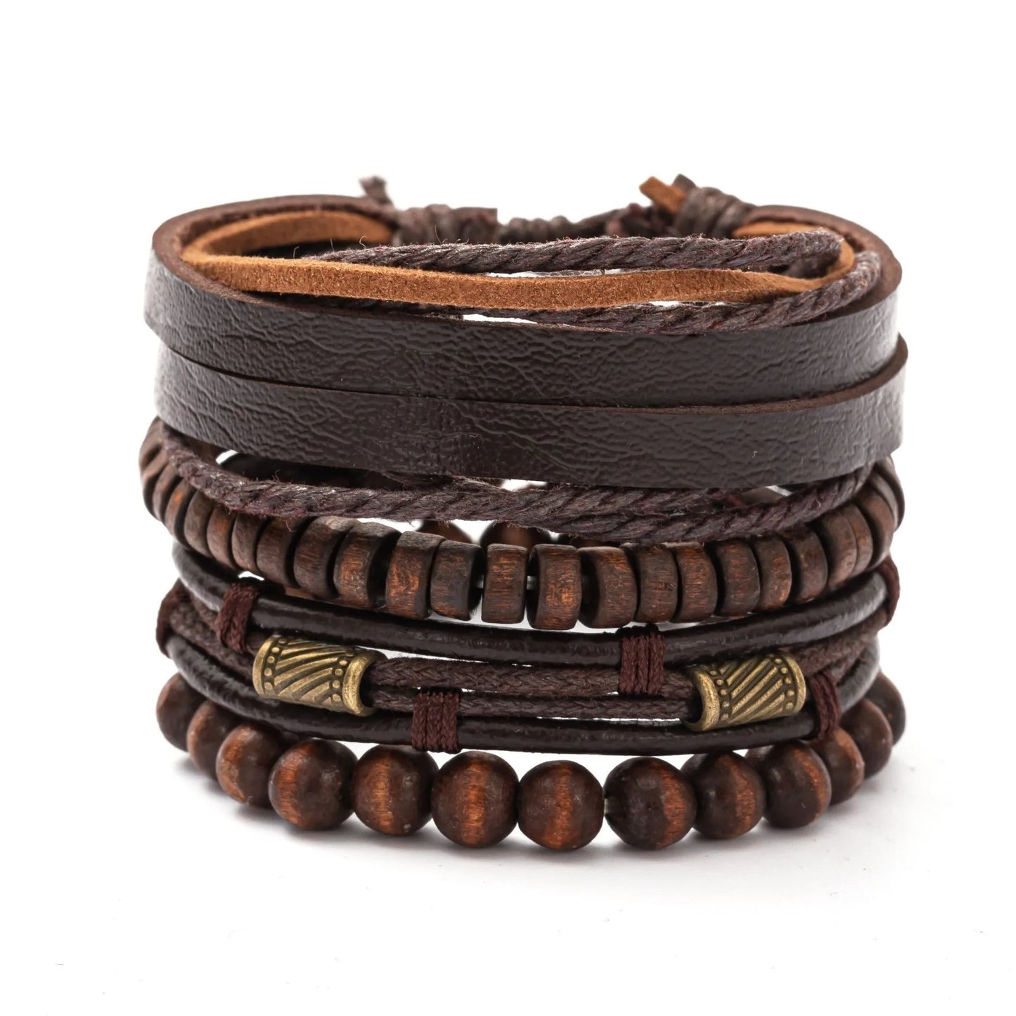 Men's Boho Bracelet Set - 4-Piece Wooden Beads & Leather Layers