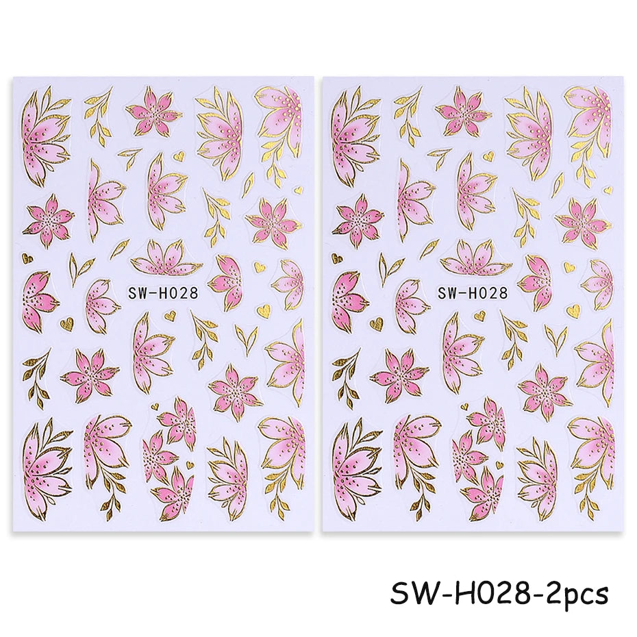 Pink Sakura Nail Stickers - Metallic Gold 3D Flower Design (2pcs)