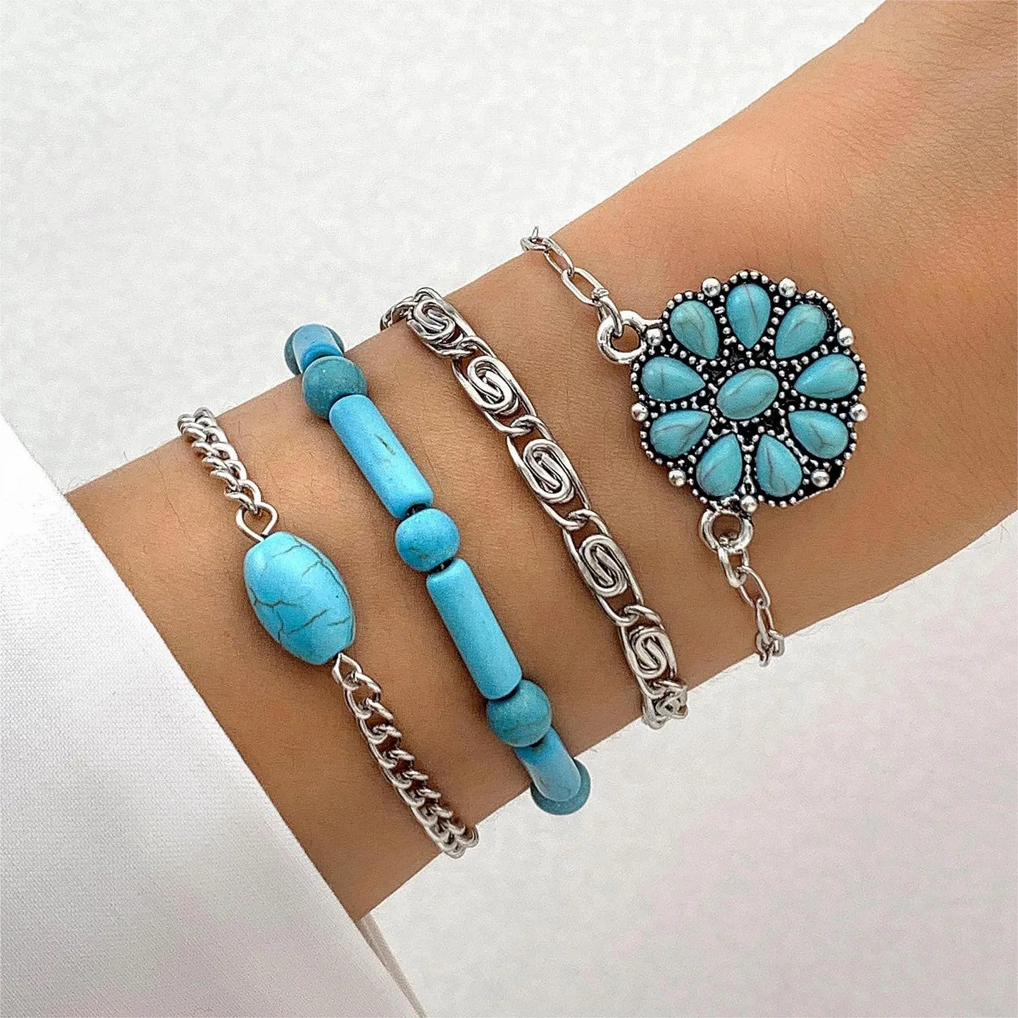 Vintage Turquoise Bracelet Set - 5-Piece Bohemian Feather & Flower Bangles