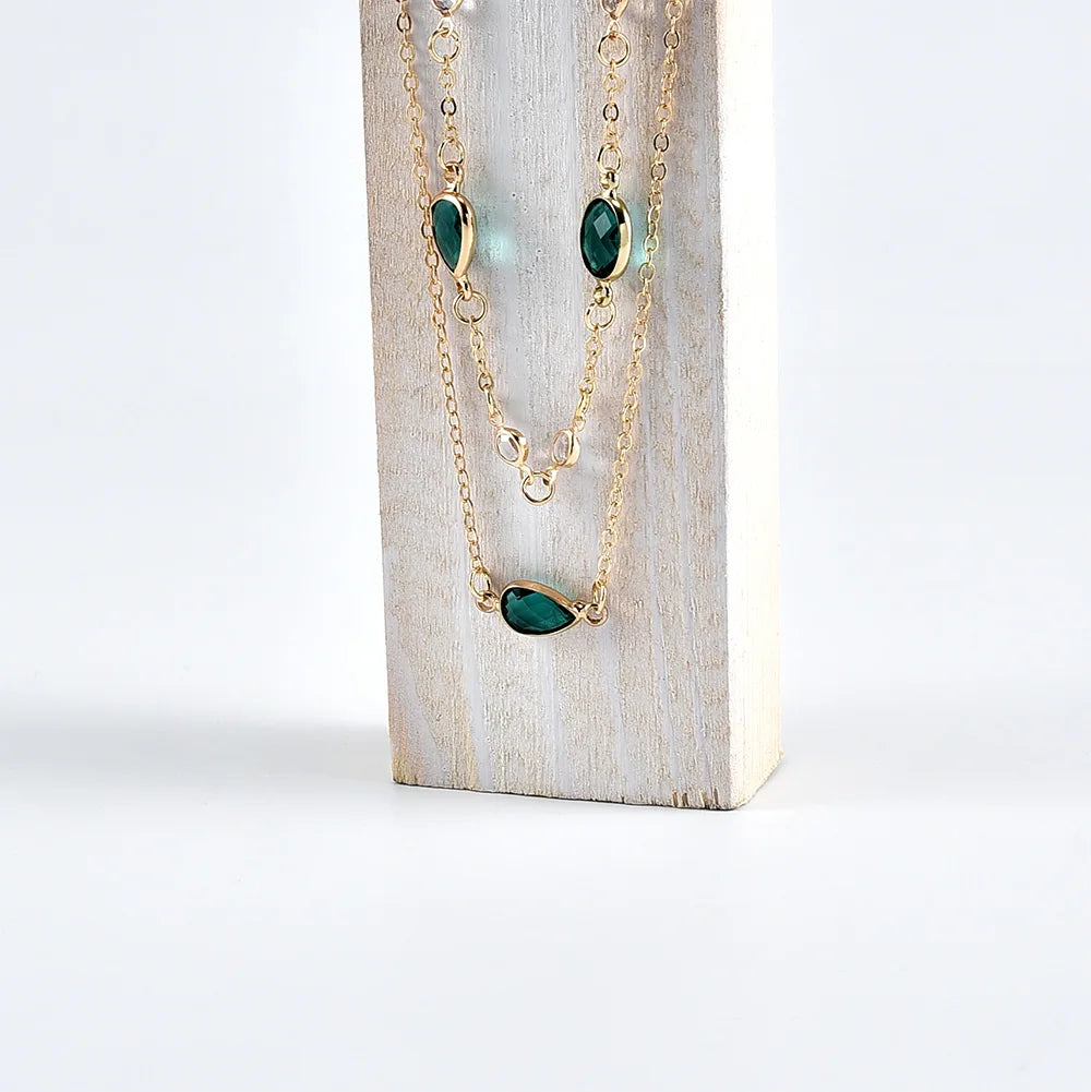Green Stone Pendant Necklace - Vintage Boho Multi-Layer Gold Jewelry
