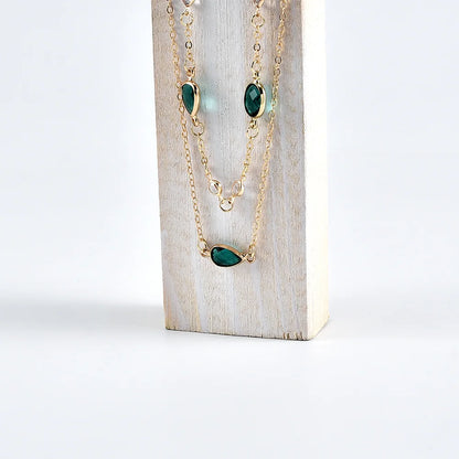 Green Stone Pendant Necklace - Vintage Boho Multi-Layer Gold Jewelry