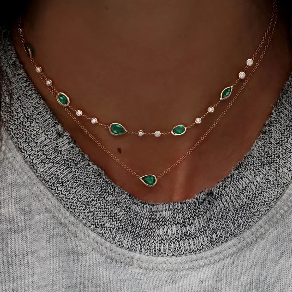 Green Stone Pendant Necklace - Vintage Boho Multi-Layer Gold Jewelry