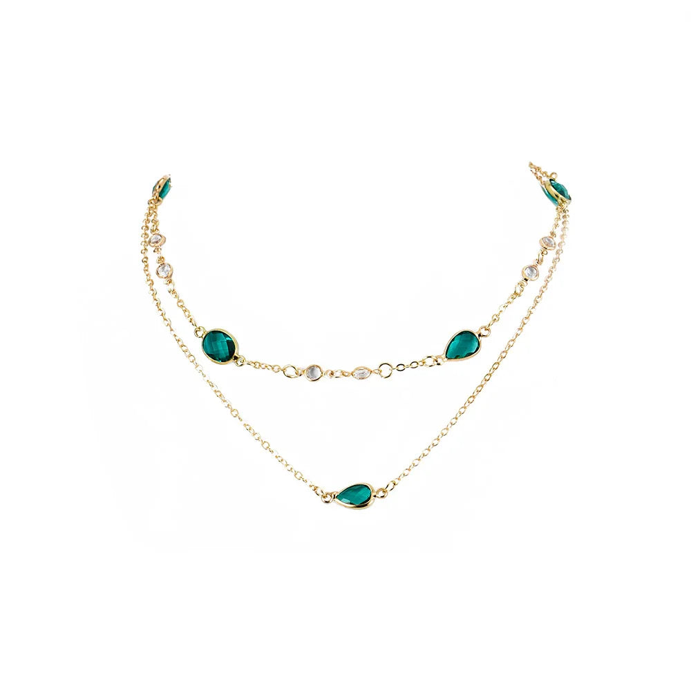 Green Stone Pendant Necklace - Vintage Boho Multi-Layer Gold Jewelry