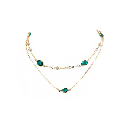 Green Stone Pendant Necklace - Vintage Boho Multi-Layer Gold Jewelry