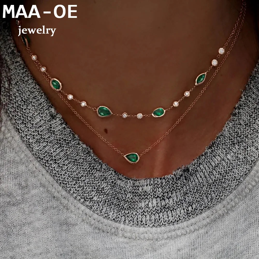 Green Stone Pendant Necklace - Vintage Boho Multi-Layer Gold Jewelry