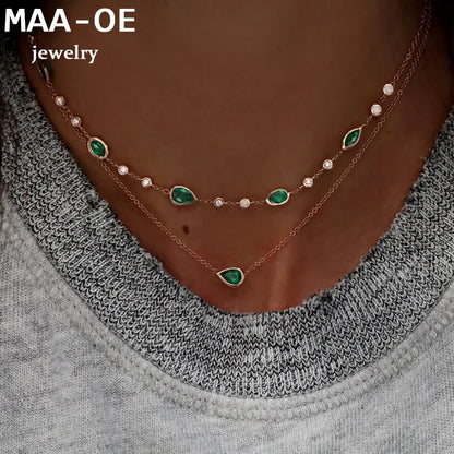 Green Stone Pendant Necklace - Vintage Boho Multi-Layer Gold Jewelry