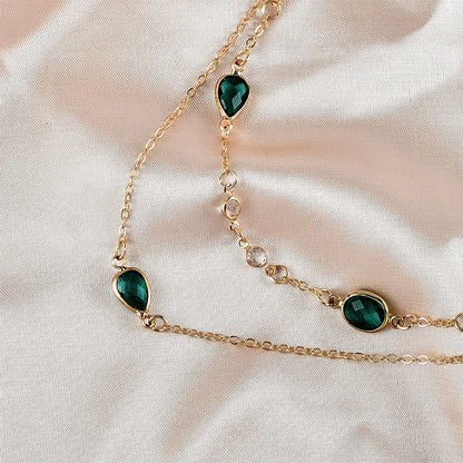 Green Stone Pendant Necklace - Vintage Boho Multi-Layer Gold Jewelry