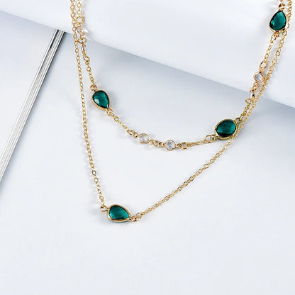 Green Stone Pendant Necklace - Vintage Boho Multi-Layer Gold Jewelry