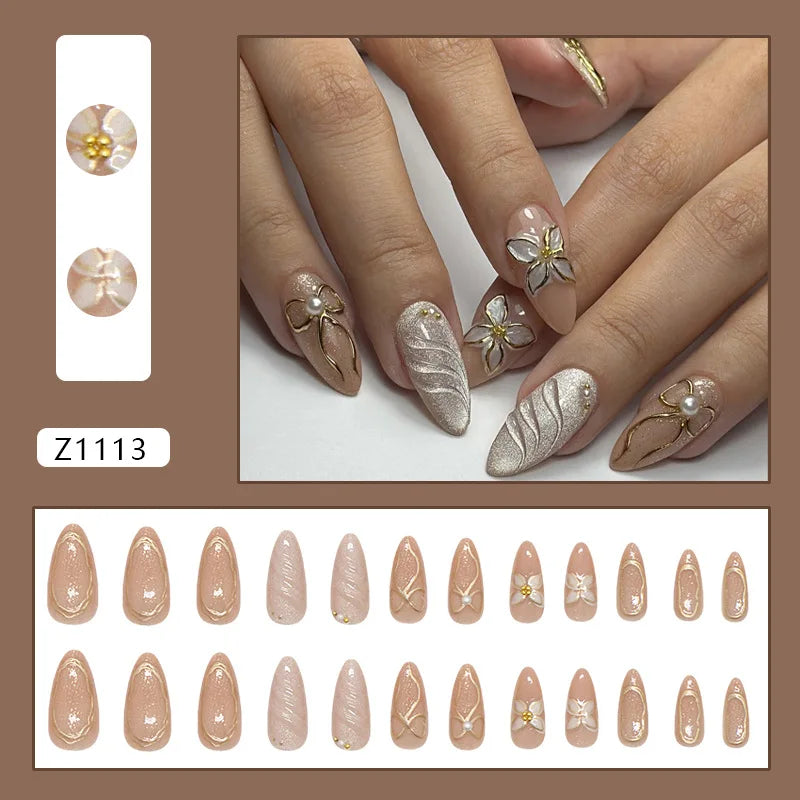 24-Piece Almond Press-On Nails - Wine Red Blush Floral Design Summer Set