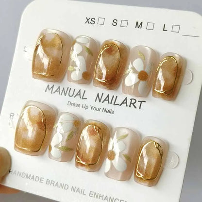 Camellia Press-On Nails - 3D Embroidery Floral Gold 10pcs Set