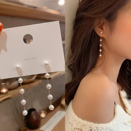 Pearl & Rhinestone Long Drop Earrings - Elegant Floral Wedding Pendant Earrings