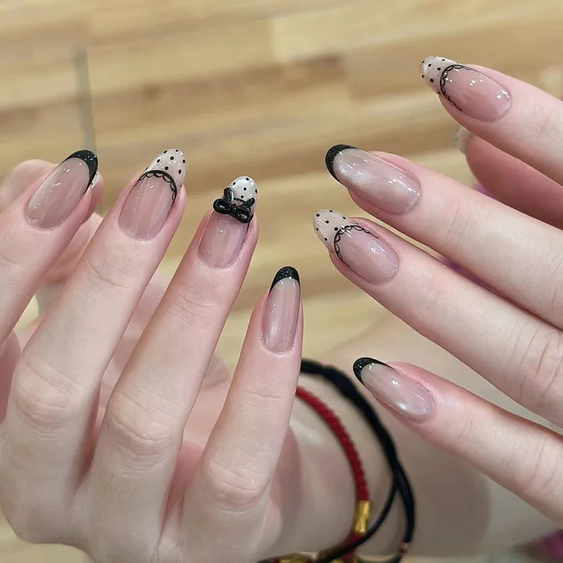 24-Piece Almond Press-On Nails - Butterfly French Pearl Diamond Handmade Set