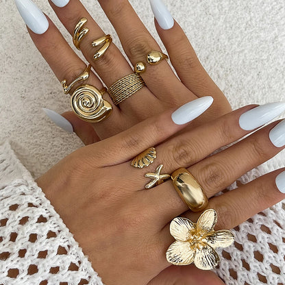 Vintage Metal Petal Flower Ring Set - 8pc Geometric Open Rings for Women