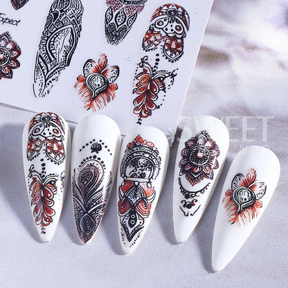 Bohemian Nail Art Stickers - Black & Brown Floral Design (2pcs)
