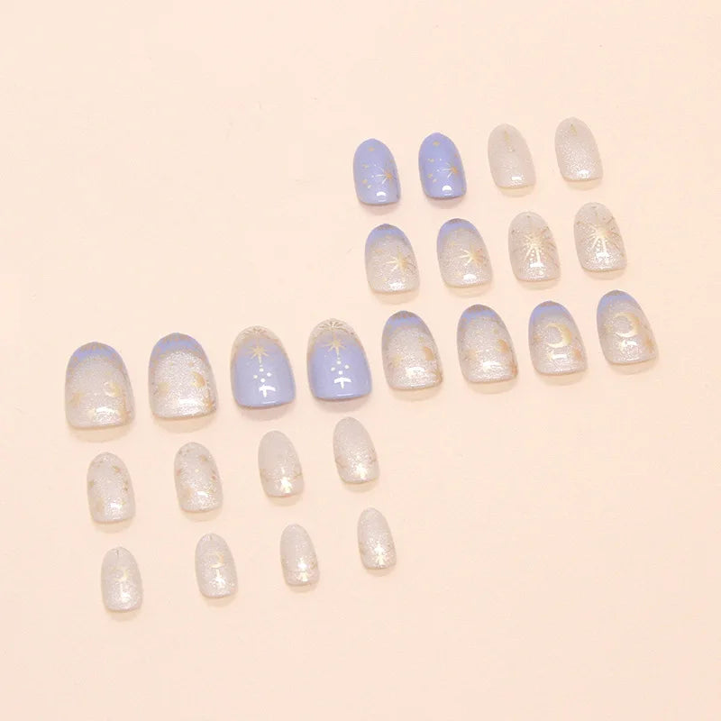 Y2K Star & Moon Press On Nails - Gradient Blue French Tips (24pcs)