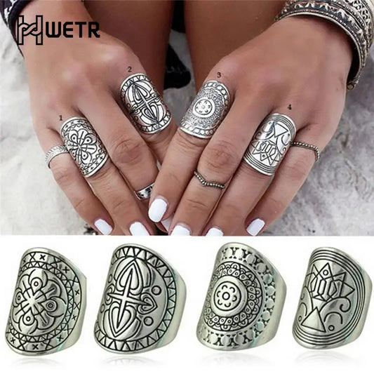 Vintage Boho Ring Set - 4-Piece Tibetan Silver Carved Bands