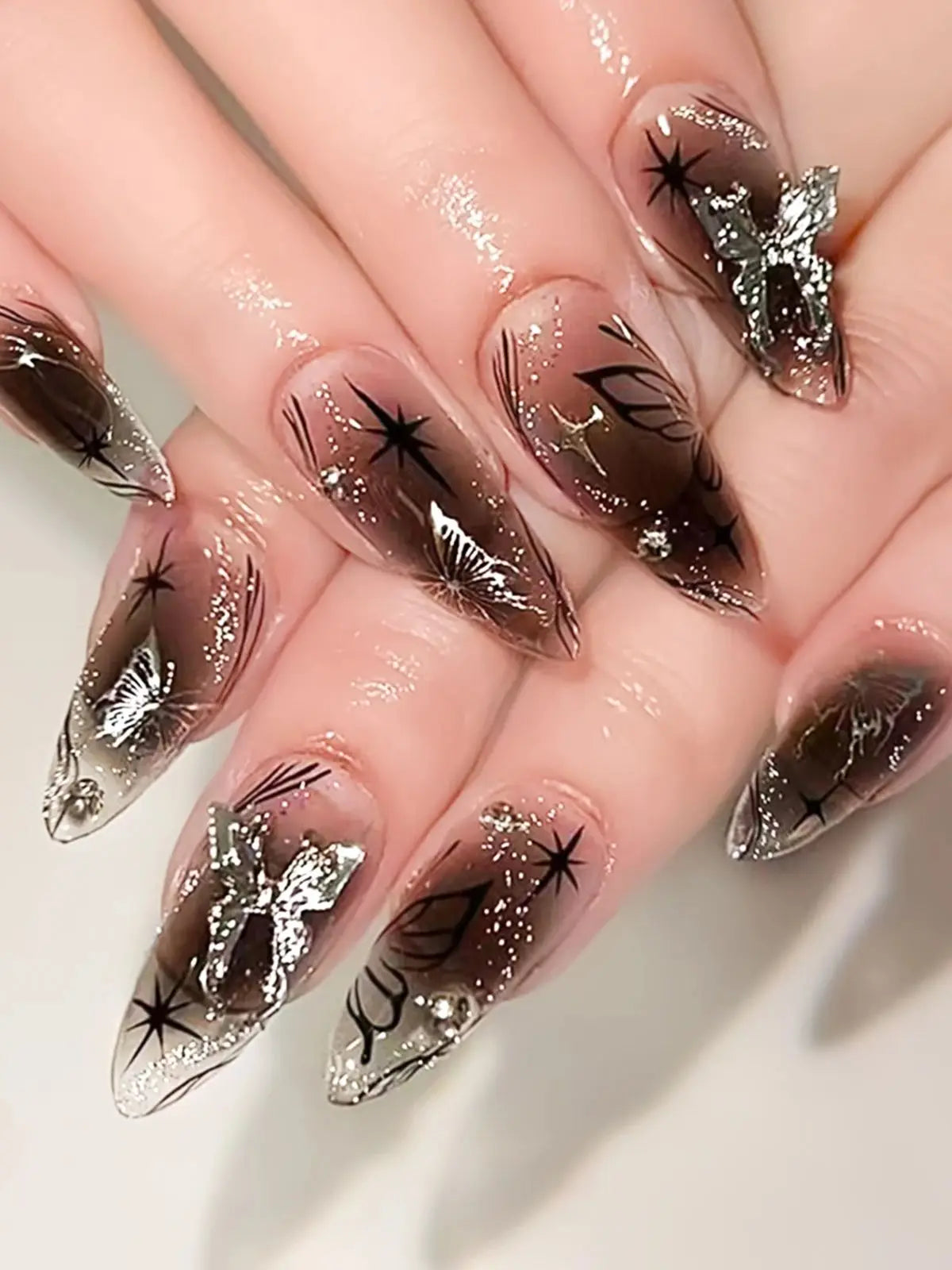 Black Silver Bowknot Press-On Nails - Stiletto 24pcs Full Cover Set