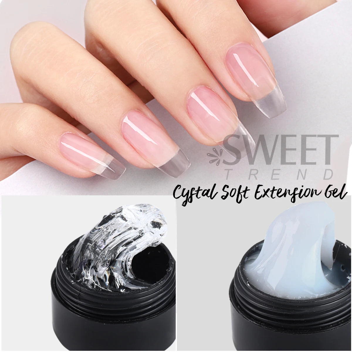 2-Piece Crystal Nail Extension Gel Set - Soft Solid Gel with Flower Sculpting Pen