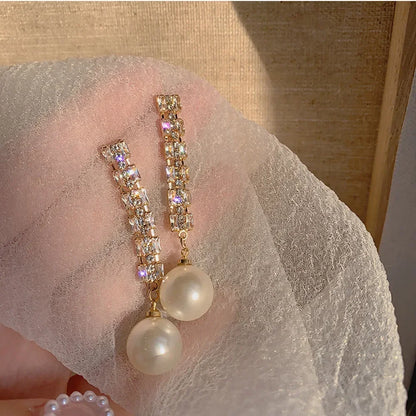 Pearl & Rhinestone Long Drop Earrings - Elegant Floral Wedding Pendant Earrings
