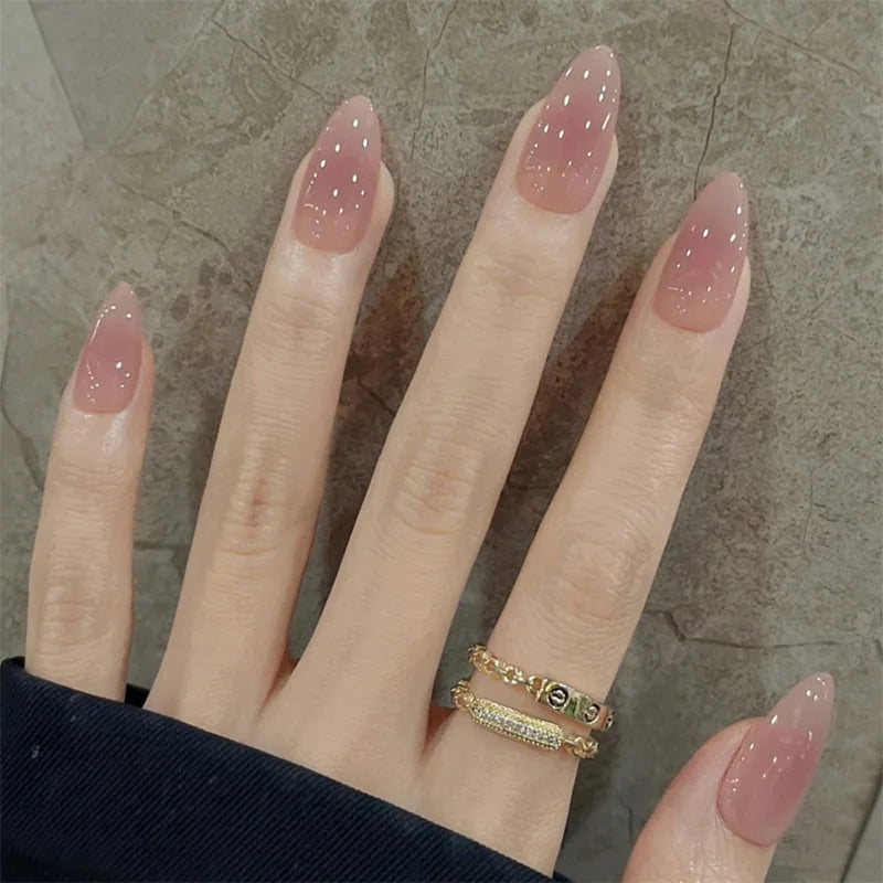 24-Piece Almond Press-On Nails - Butterfly French Pearl Diamond Handmade Set