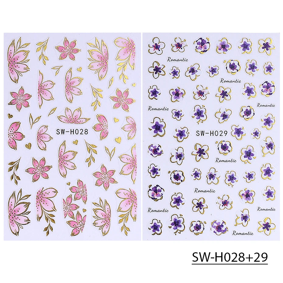 Pink Sakura Nail Stickers - Metallic Gold 3D Flower Design (2pcs)