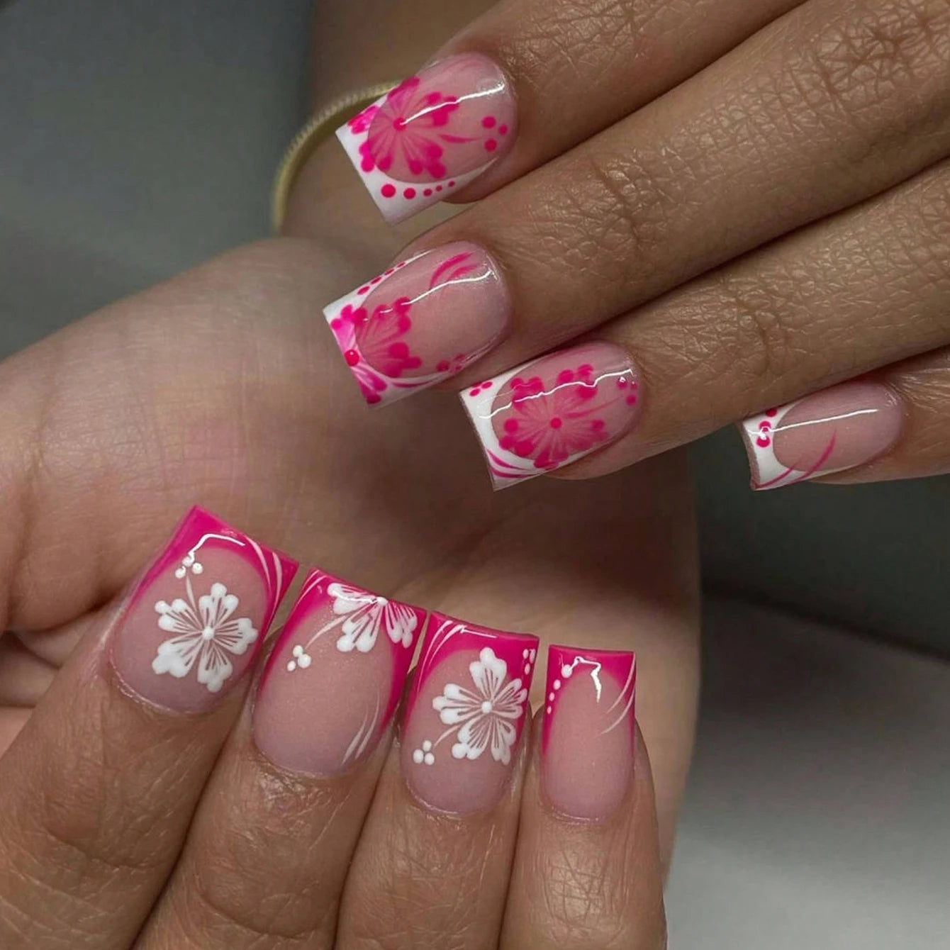 24-Piece Ballet Press-On Nails - Pink White Bow French Diamond Summer Set