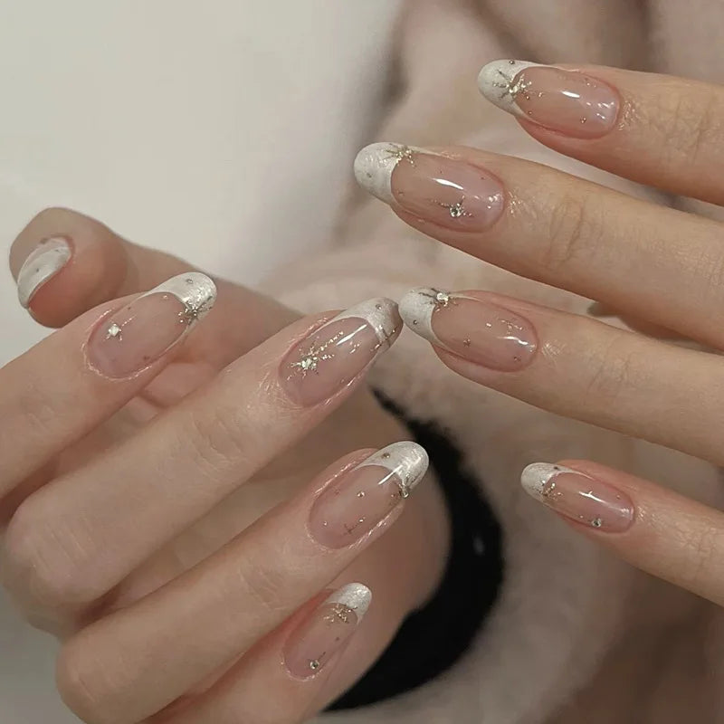 24-Piece Almond Press-On Nails - Butterfly French Pearl Diamond Handmade Set