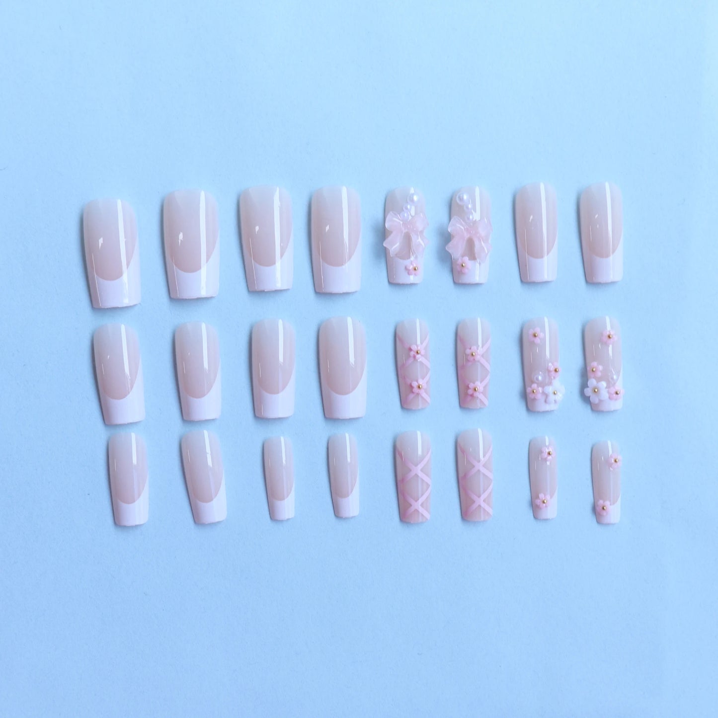 24-Piece Ballet Press-On Nails - Pink White Bow French Diamond Summer Set