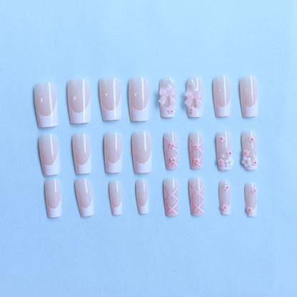 24-Piece Ballet Press-On Nails - Pink White Bow French Diamond Summer Set