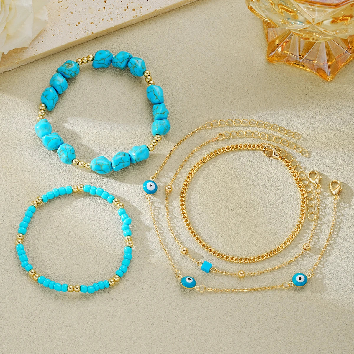 Turquoise Anklet Set - 5-Piece Boho Evil Eye Beach Foot Chain Jewelry