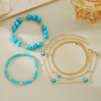 Turquoise Anklet Set - 5-Piece Boho Evil Eye Beach Foot Chain Jewelry