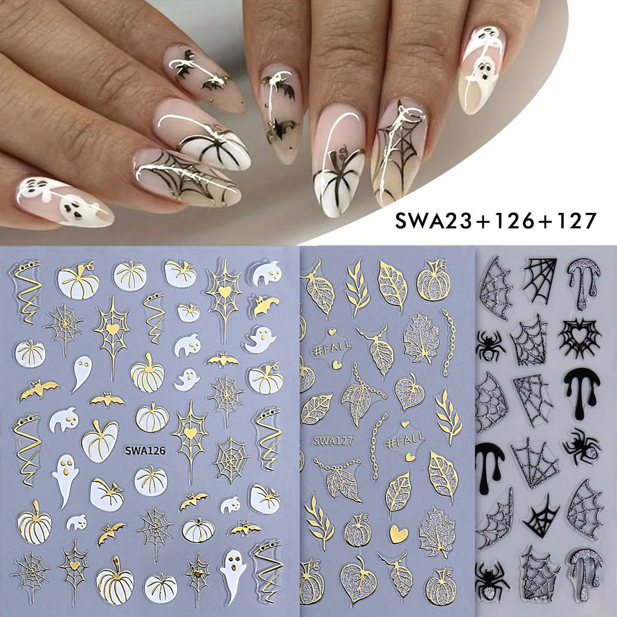 3-Piece Halloween Nail Art Stickers - Metal Pumpkin Spider Web Maple Leaf Decals