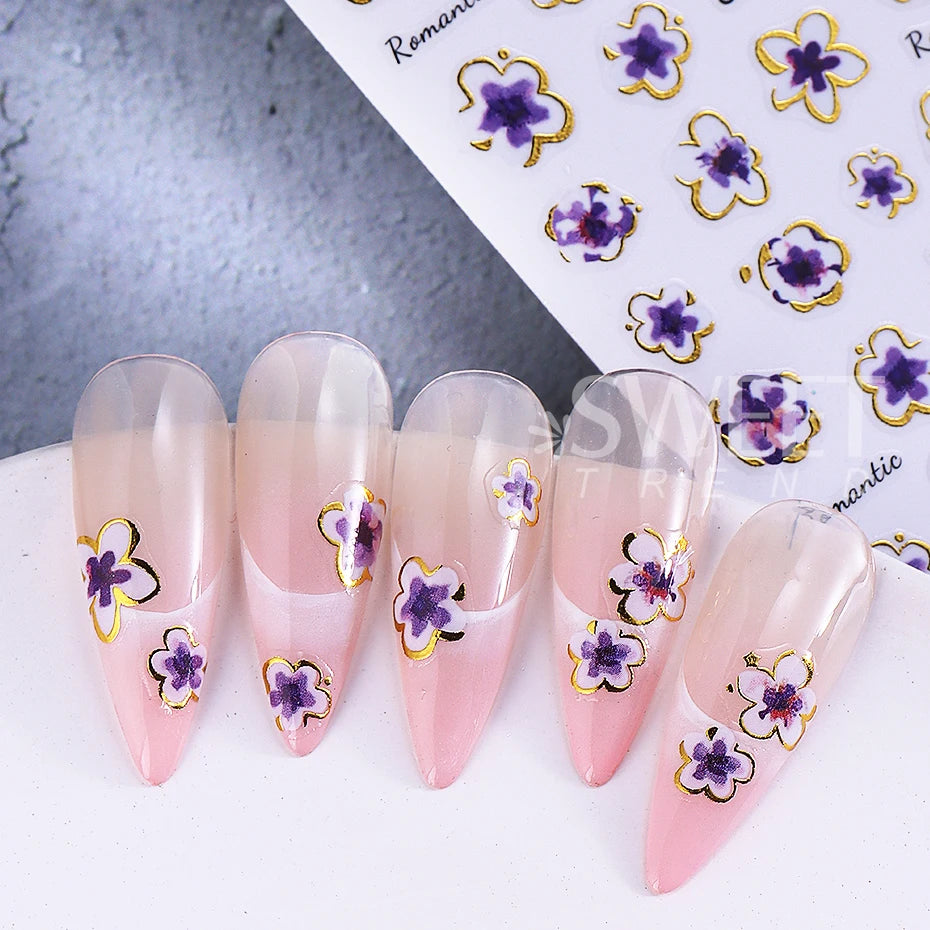 Pink Sakura Nail Stickers - Metallic Gold 3D Flower Design (2pcs)