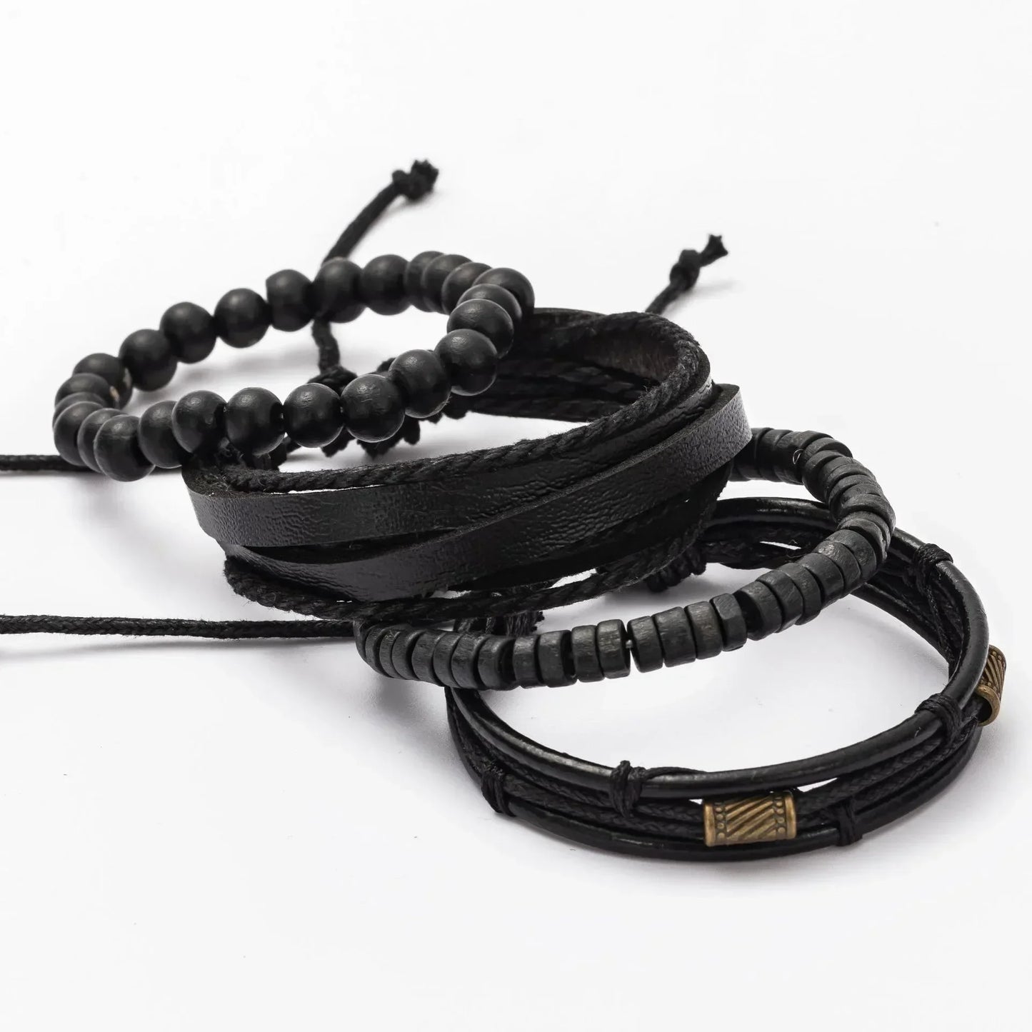 Men's Boho Bracelet Set - 4-Piece Wooden Beads & Leather Layers