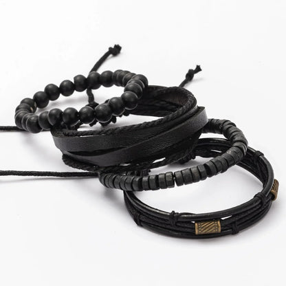 Men's Boho Bracelet Set - 4-Piece Wooden Beads & Leather Layers