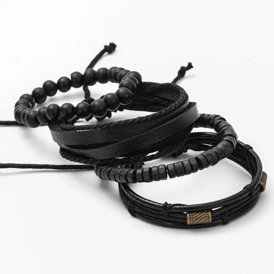 Men's Boho Bracelet Set - 4-Piece Wooden Beads & Leather Layers