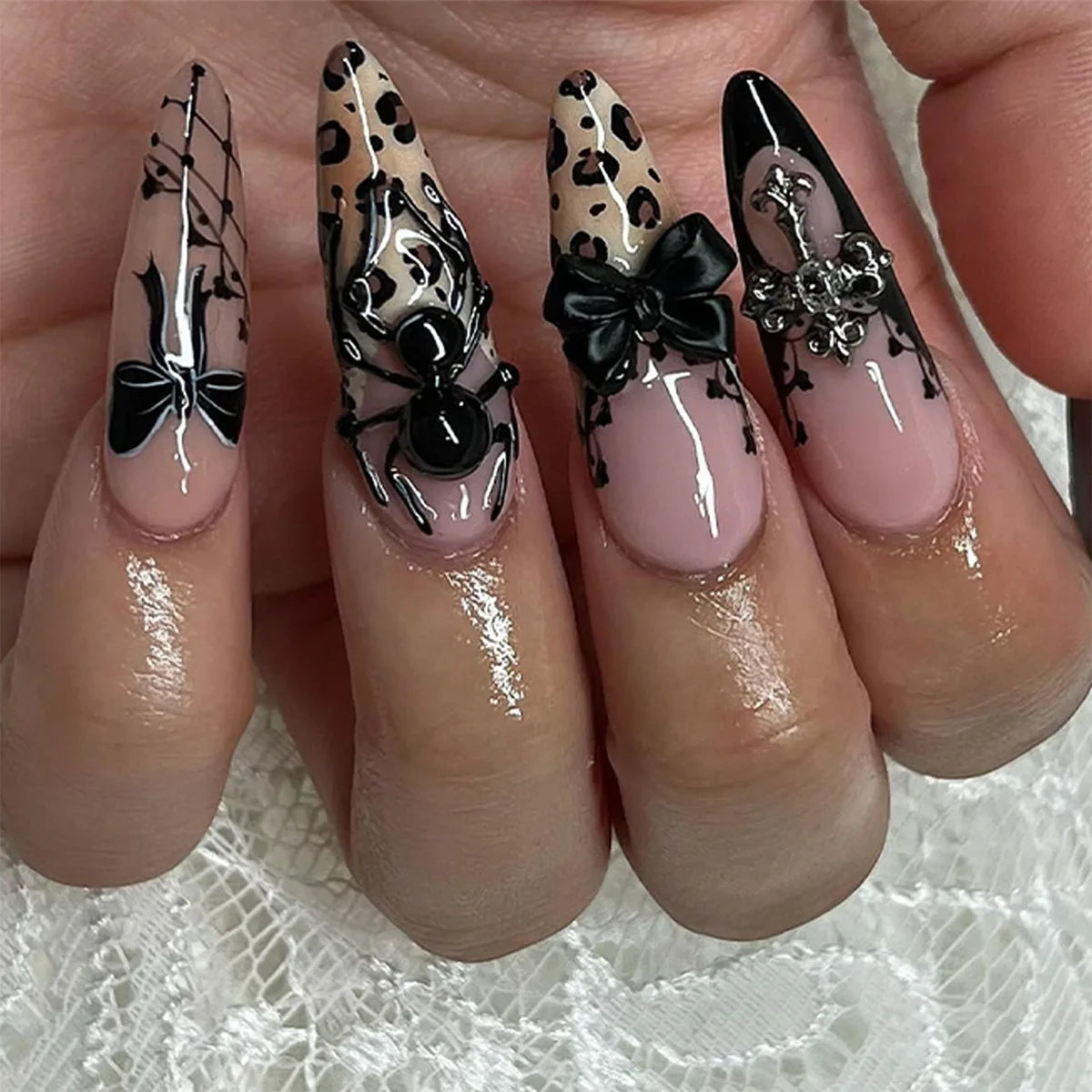 Silver Spider Gothic Press-On Nails - 24 Piece Set