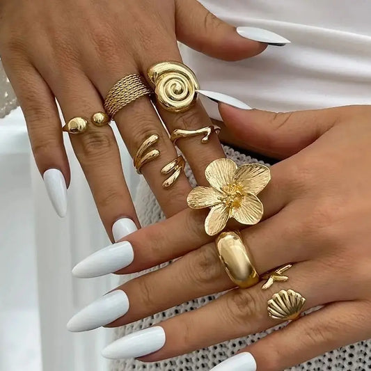 Vintage Metal Petal Flower Ring Set - 8pc Geometric Open Rings for Women
