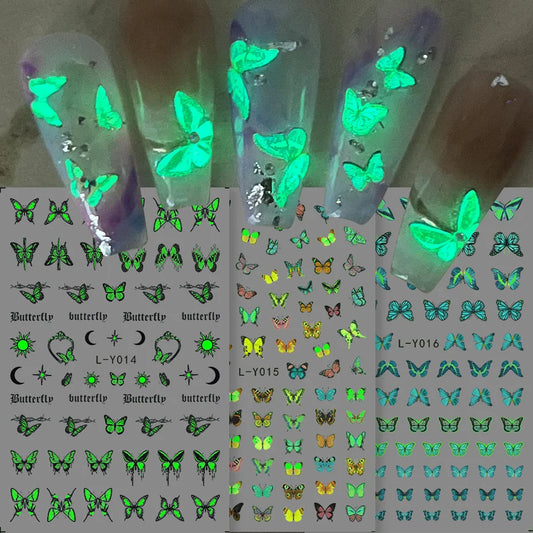 3-Piece Luminous Butterfly Nail Stickers - Glow in the Dark Blue Design