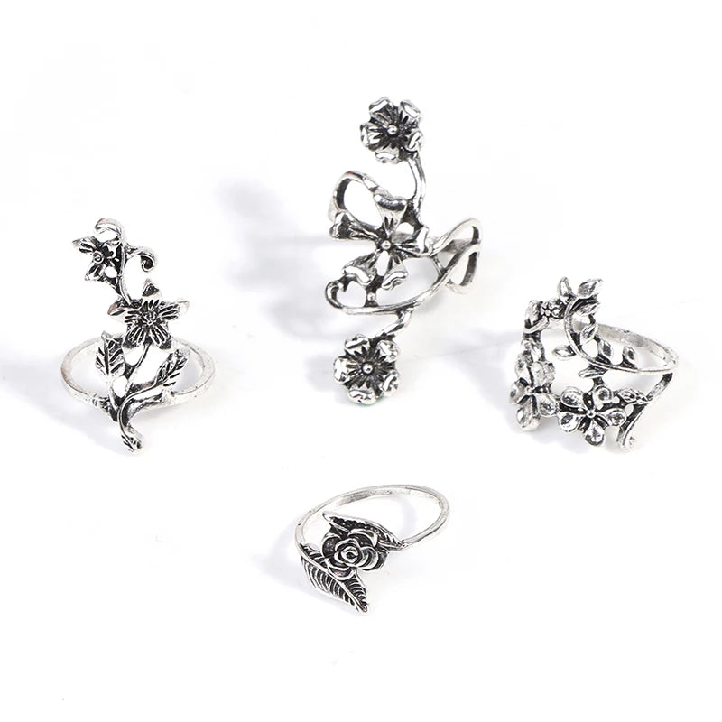Vintage Boho Ring Set - 4-Piece Tibetan Silver Carved Bands