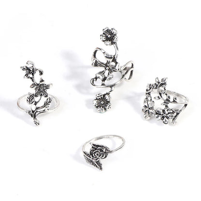 Vintage Boho Ring Set - 4-Piece Tibetan Silver Carved Bands