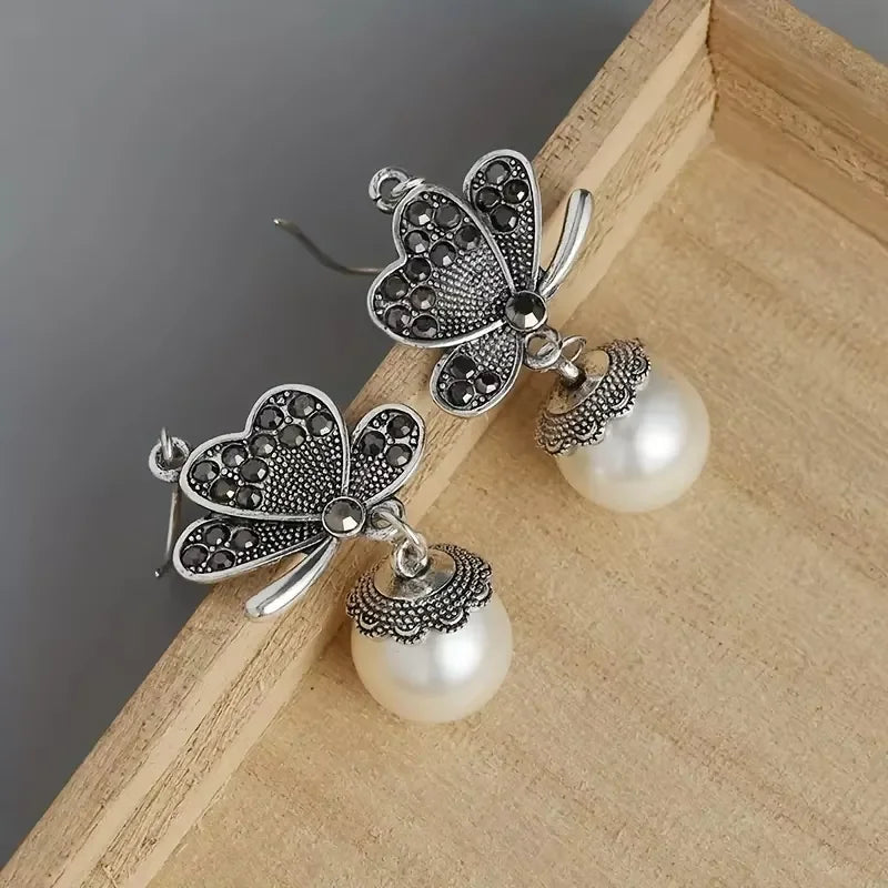 Vintage Butterfly Pearl Earrings - Rhinestone Boho Drop Jewelry