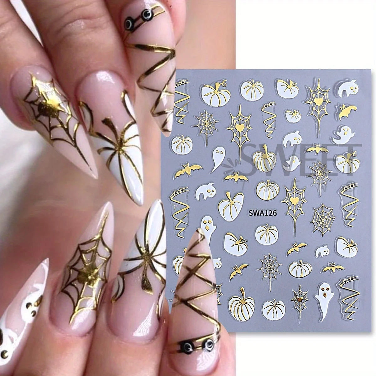 3-Piece Halloween Nail Art Stickers - Metal Pumpkin Spider Web Maple Leaf Decals