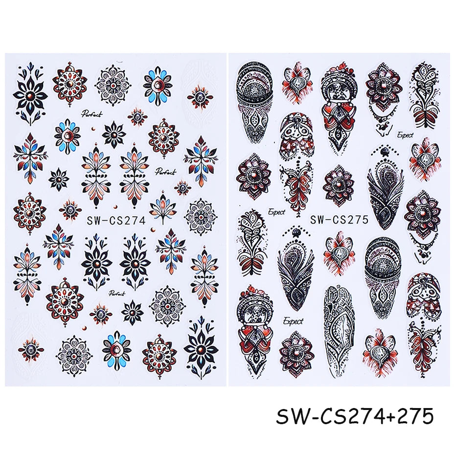 Bohemian Nail Art Stickers - Black & Brown Floral Design (2pcs)